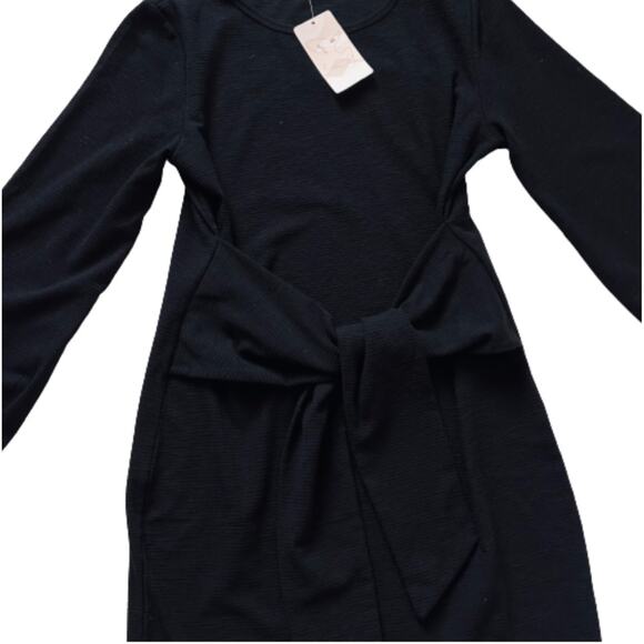 Fashion Dress Black Long Lantern Sleeve Crewneck Tie Waist Mini Dress Medium NEW - Picture 11 of 12